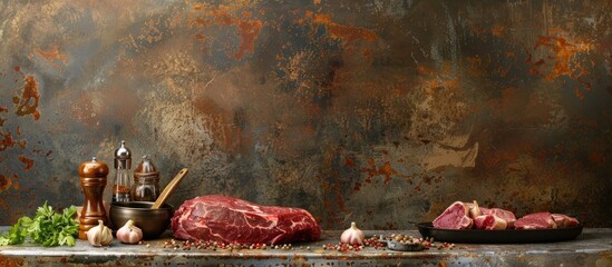 Poster - Cooking accessories arranged around raw meat on a kitchen table with a metallic background in a composition featuring copy space image
