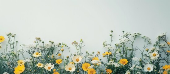 Aufkleber - A close up image of yellow and white flowers in a flowerbed set against a white wall with ample copy space for adding text