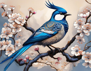 Wall Mural - chinese artistic painting of a blue bird on a branch of a blossoming tree