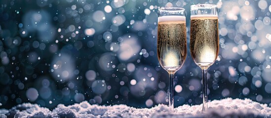 Poster - Celebrate with two champagne glasses set against a snowy night background offering plentiful copy space image
