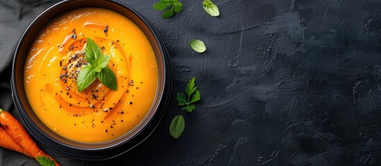 Aufkleber - Delicious carrot cream soup in a bowl displayed for a top view offering a captivating copy space image
