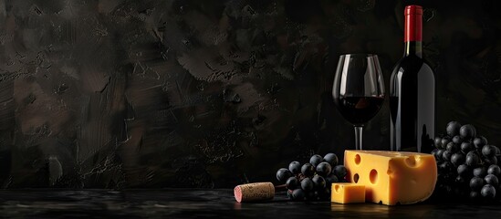 Canvas Print - Dark background showcasing a bottle of wine a wine glass Maasdam cheese and black grapes with copy space image