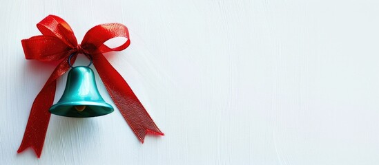 Poster - A bright green and blue bell adorned with a red ribbon placed on white background paper ideal for Christmas themed copy space image