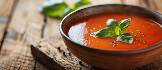 Sticker - Close up of tomato soup on a wooden surface with copy space image