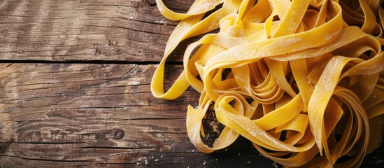 Aufkleber - A close up image of homemade tagliatelle pasta displayed on a wooden surface with copy space image available