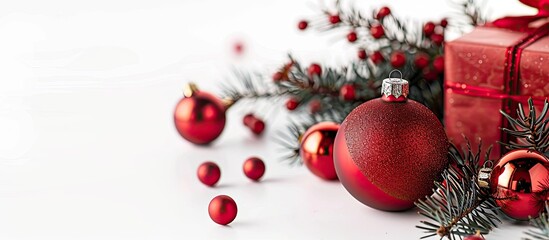 Poster - Decorative Christmas items displayed against a white backdrop including a red ornament and a gift box in a festive setting with copy space image