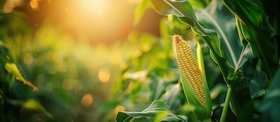 Poster - Close up view of green maize corn in a summer farm setting with just picked corn on the cob providing a vibrant copy space image
