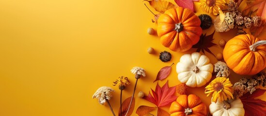 Aufkleber - Autumn and Halloween themed flat lay composition featuring pumpkins and dried flowers on a yellow background ideal for fall harvest Thanksgiving Halloween or anniversary invitation cards with copy spa