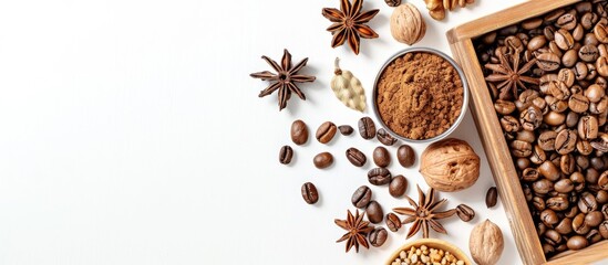 Aufkleber - A beautiful display featuring coffee beans walnuts in a wooden box and spices on a white background viewed from the top with a flat lay perspective including copy space image for text and design