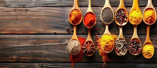 Poster - Colorful spices in spoons arranged on a wooden table with copy space image