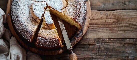 Poster - A delectable cake with condensed milk displayed on a wooden backdrop while a knife slices a portion creating a delightful scene in the copy space image