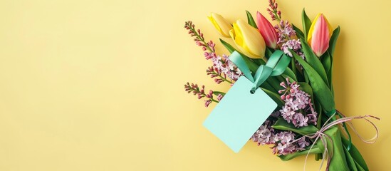 Poster - Top view of a bouquet of tulips and lilacs wrapped in ribbon with a cyan blue price tag against a light yellow backdrop evoking a spring and festive atmosphere with copy space image available