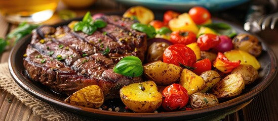 Poster - Delicious beef steak plated with roasted potatoes and vegetables perfect for a copy space image