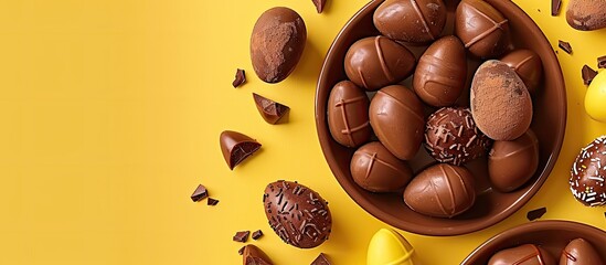 Aufkleber - Flat lay arrangement of chocolate Easter eggs and sweets on a yellow backdrop with a view from above featuring a vacant area for text alongside copy space image