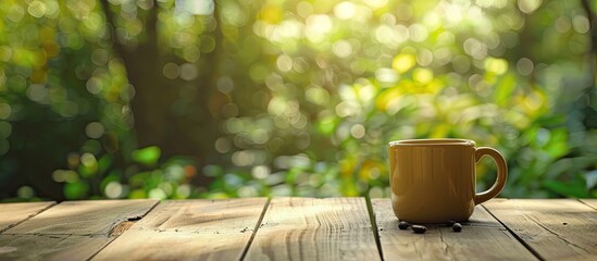 Sticker - Coffee cup on a wooden table outdoors set against a natural background in the garden suitable for text placement in the image. Creative banner. Copyspace image