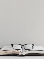 Aufkleber - A book is open on a table, with a pair of glasses resting on the top of the pages. Generative AI