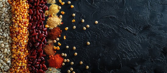 Poster - Close up of spices beans and corn on black backdrop with copy space image for text or label in a menu design