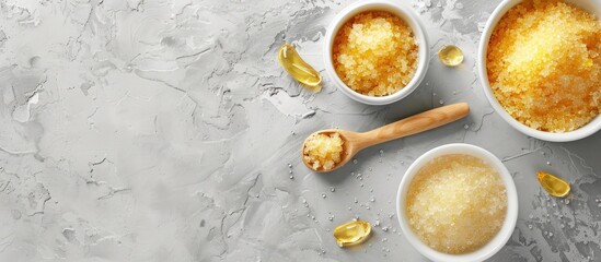 Poster - Cosmetic shop template with body scrub displayed in white dishes alongside a wooden spatula on a gray backdrop highlighting copy space image