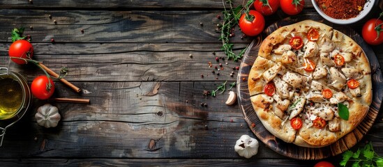 Poster - Top view of a delicious focaccia with chicken spices and tomatoes on a dark rustic wooden table with copy space image