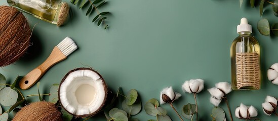 Poster - A collection of eco friendly items like coconuts a glass bottle of natural oil a brush and cotton arranged neatly against a green backdrop emphasizing zero waste with a message area for the image