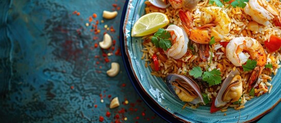 Poster - Blue plate featuring a seafood saute and rice dish with room for copy space image