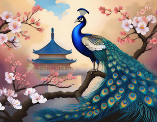 Wall Mural - Artistic painting of a peacock  on a branch with cherry blossoms on the background of a Chinese temple 