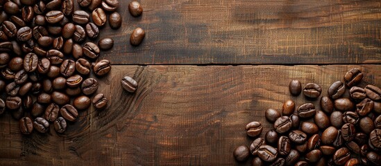 Poster - Coffee beans roasted and displayed on a wooden table with copy space image