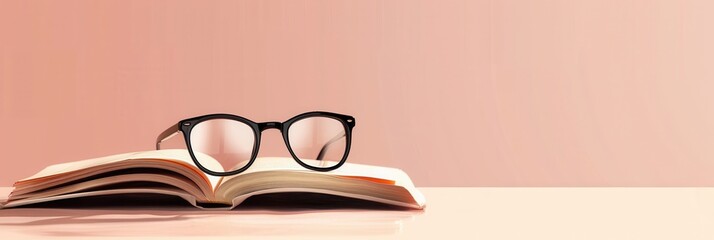 Fototapete - Black framed glasses sit on top of an open book, with the book lying flat on a pink surface. Generative AI
