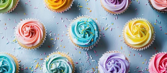 Aufkleber - Colorful cupcakes adorned with sugar paste and cream are displayed as artistic creations at a party captured in a flat lay top view copy space image