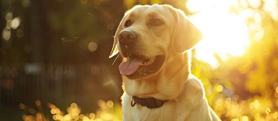 Poster - Adorable yellow labrador retriever outside in the sunshine with copy space image