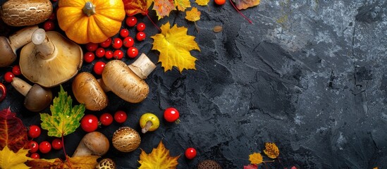 Aufkleber - Aerial view of autumnal fruits mushrooms and vibrant leaves with copy space image