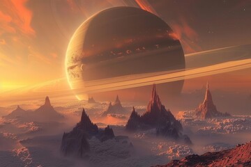 Wall Mural - surreal cosmic landscape featuring saturns majestic rings surrounded by ethereal moons and distant p