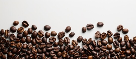 Leinwandbilder - Coffee beans arranged as a border on a white background with copy space image