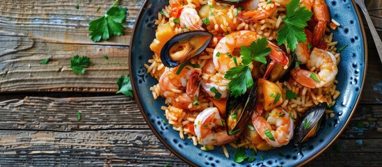 Poster - Blue plate featuring a seafood saute and rice dish with room for copy space image