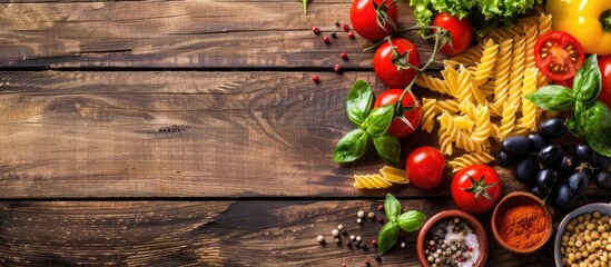 Aufkleber - Cooking essentials like pasta tomatoes salad and spices displayed on a wooden table with a copy space image