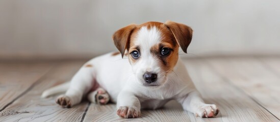 Wall Mural - Adorable Jack Russel terrier puppy only two months old with endearing folded ears and charming fur patterns Close up on a wooden floor background with a white wall perfect for copy space image