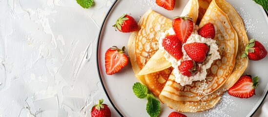 Poster - Top view of delicious crepes garnished with ricotta cheese and fresh strawberries showcased on a white backdrop with available copy space image