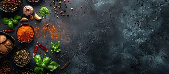 Poster - Copy space image displaying Eastern cuisine spices arranged in a flat lay concept for cooking