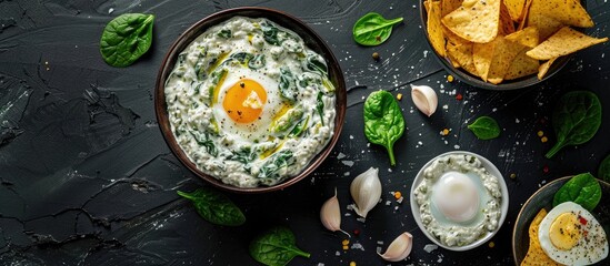 Aufkleber - A delicious spinach dip with eggs in a bowl garlic and nacho chips on a black table in a flat lay arrangement featuring ample room for text in the image