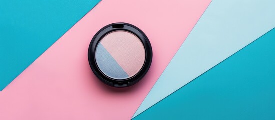 Poster - A top down perspective of a compact face powder on a colorful backdrop featuring ample copy space image