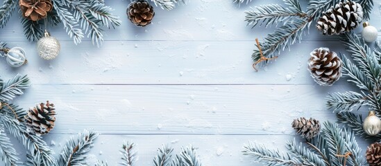 Fototapete - Christmas themed background featuring snow fir branches cones against a white wooden backdrop with copy space image