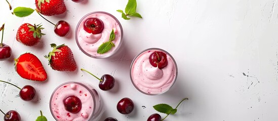 Poster - Top view of delectable desserts featuring strawberries and cherry smoothies curd yogurt on a white backdrop with copy space image