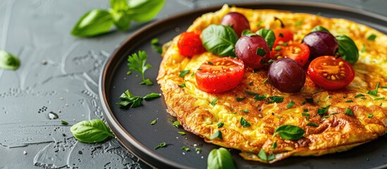 Poster - Delicious breakfast featuring an omelet garnished with tomato and grape on a plate with a generous amount of copy space for an image