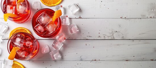 Aufkleber - Bright red cocktails with Campari and orange twist garnishes ice cubes and orange slices photographed from above on a white wooden backdrop with copy space image
