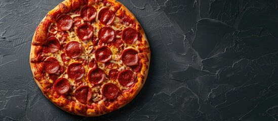 Poster - Delicious pepperoni pizza with fresh ingredients displayed on a black concrete backdrop Top view shot of a steaming hot pizza with copy space image