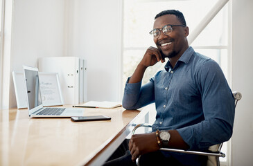 Canvas Print - Business man, portrait and smile from public relations work and laptop at office desk. African employee, happy and computer with confidence, professional and ready for web working at startup company