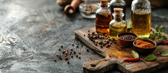 Poster - Aromatic spices and oils displayed on the kitchen table with copy space image