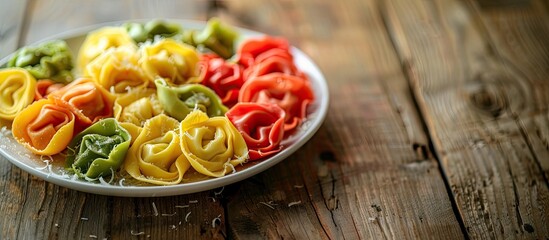 Wall Mural - Close up of colorful tortellini with melting butter arranged on a white plate on a wooden table topped with parmesan creating an appetizing copy space image