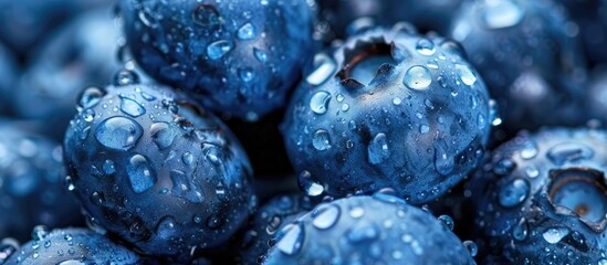 Wall Mural - Close up of fresh blueberries with water droplets set against a background for text placement ideal for vegan and vegetarian themes showcasing the macro texture of the berries in a copy space image