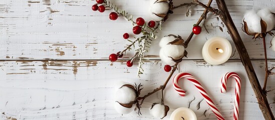 Fototapete - Close up top view of a festive arrangement featuring a cotton branch candles and a candy cane on a white wooden backdrop ideal for Christmas and New Year festivities with ample copy space image